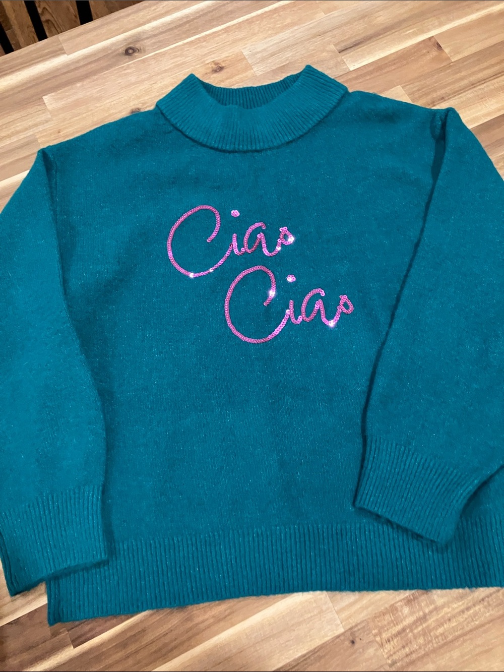 a new day Teal Knit Cowl Sweater with Pink Embroidery